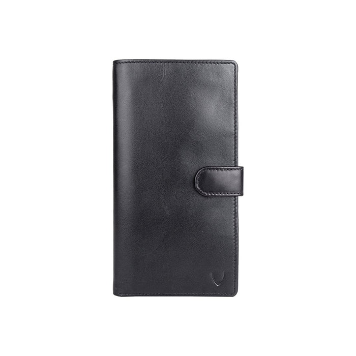 Hidesign 001 black leather passport holder for travel with flap closure & minimalist embossed logo.