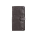 Front view of a dark brown leather passport holder with a snap-button closure from Hidesign brand.