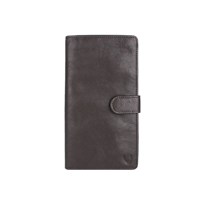 Front view of a dark brown leather passport holder with a snap-button closure from Hidesign brand.