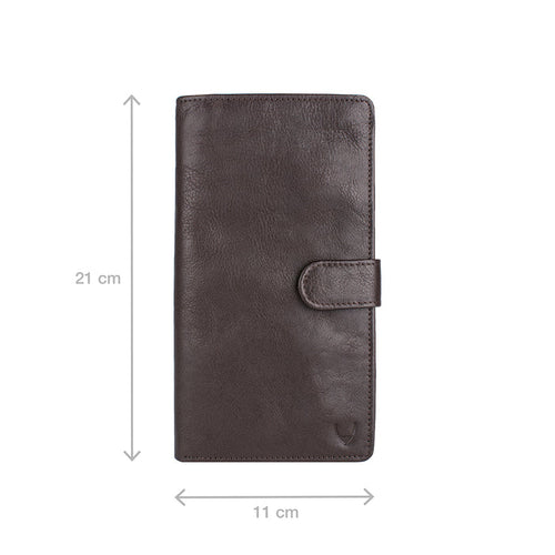 Dark brown leather passport holder with snap closure, shown with dimensions 21cm x 11cm by Hidesign.