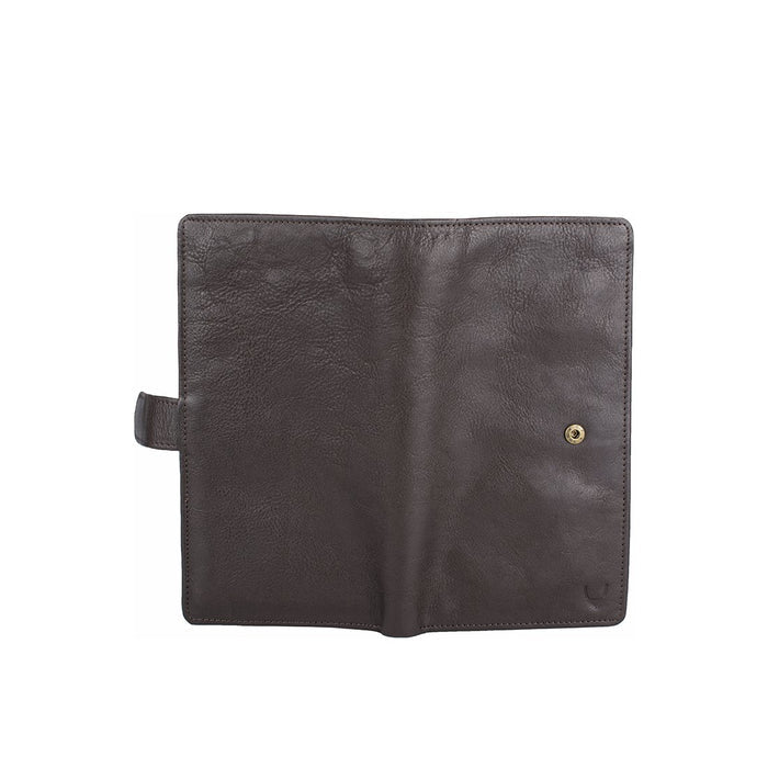 Back view of Hidesign brown leather passport holder with snap button and visible textured finish.