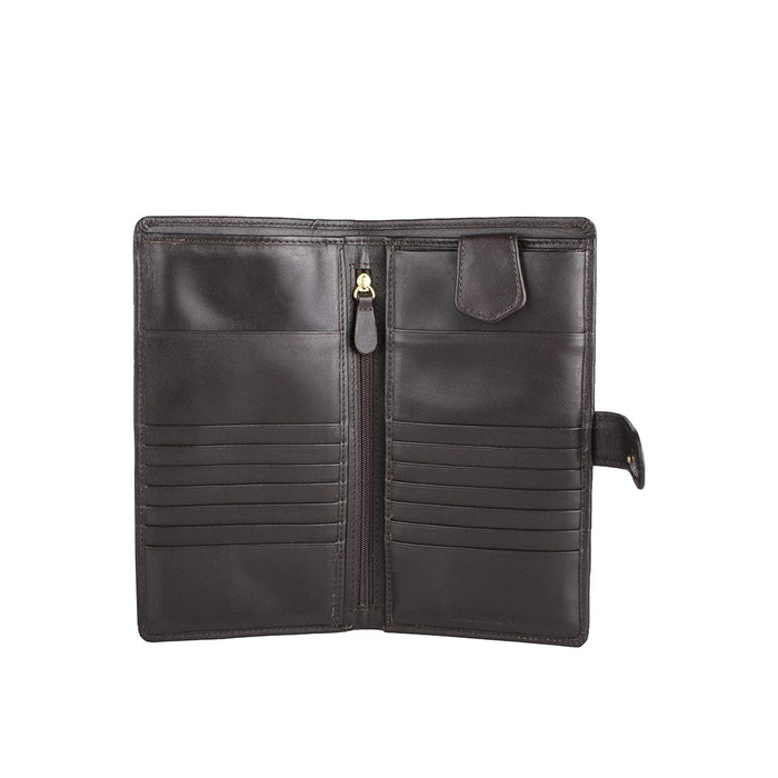 Inside view of brown leather passport holder with zip pouch, card slots, and secure tab closure.