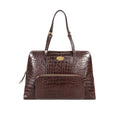 A brown croco-embossed Hidesign leather tote bag with dual handles, and a front zip pocket details.