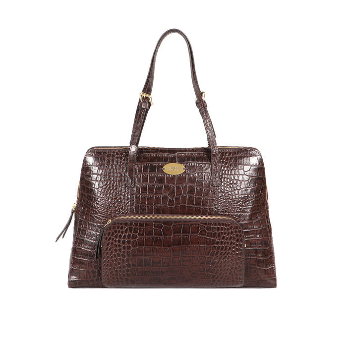 A brown croco-embossed Hidesign leather tote bag with dual handles, and a front zip pocket details.
