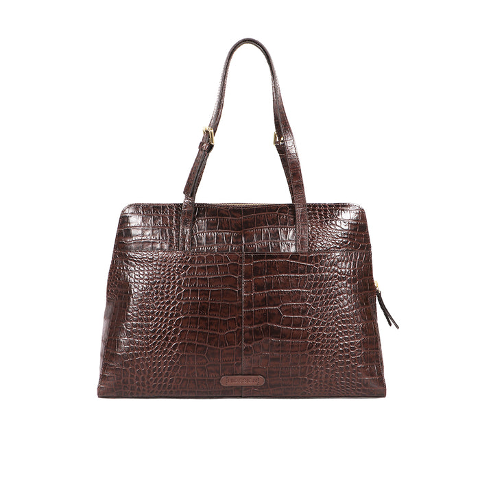 Backside view of a brown croco embossed Hidesign tote bag with dual handles and a structured design.