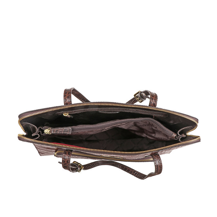 Spacious zip-top brown leather tote interior with organised compartments and secure storage pockets.