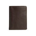 A dark brown, textured leather men's bi-fold wallet, kept against a white background by Hidesign.