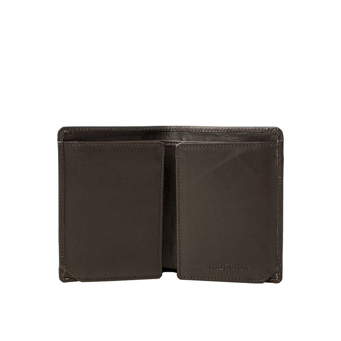 Open view of a man's brown bi-fold wallet showing two large main compartments and the Hidesign logo.