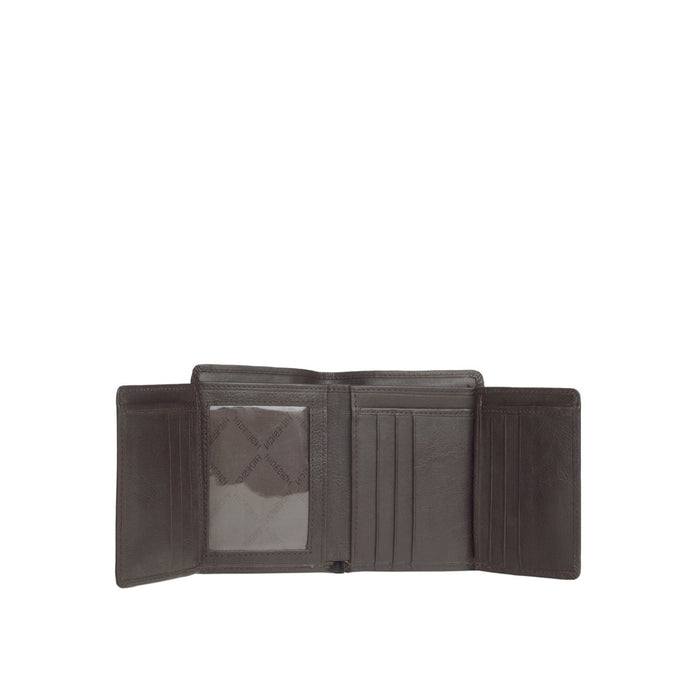 Men’s brown leather bi-fold wallet open view with card slots, ID window, & compartments by Hidesign.