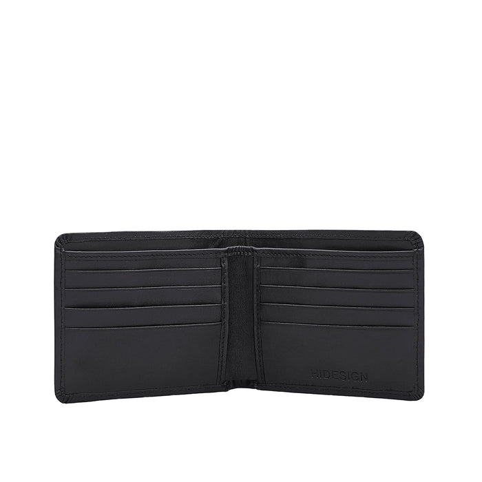 An open black leather bi-fold wallet for men showing multiple credit card slots & the Hidesign logo.