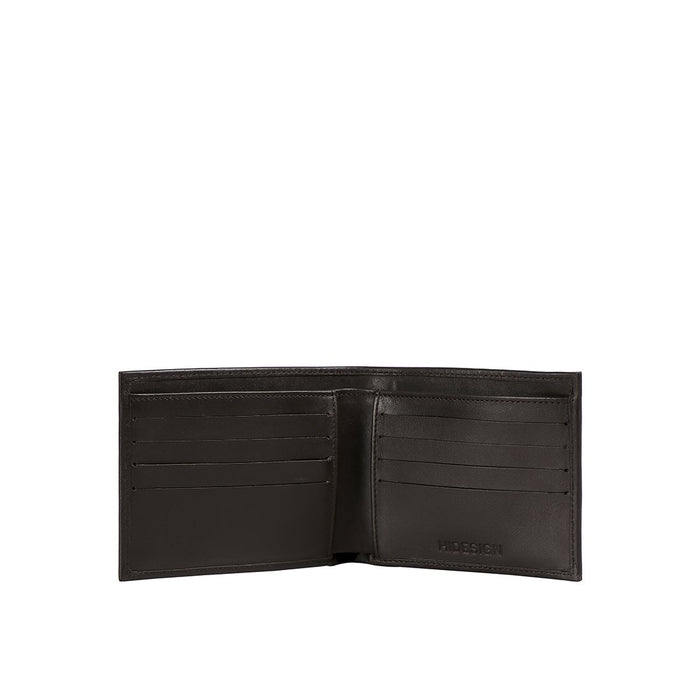 Open brown bi-ranch Melbourne fold wallet revealing multiple card slots & Hidesign logo in interior.