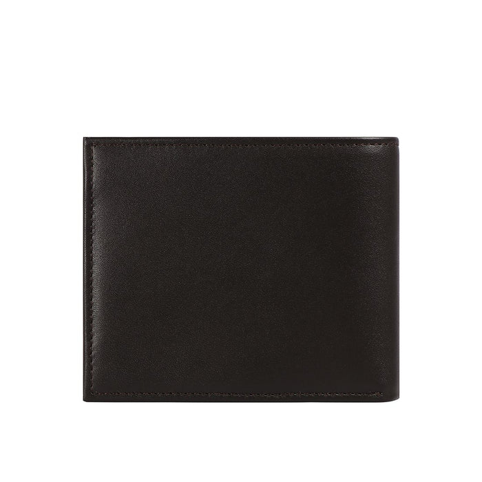 A dark brown bi-fold wallet, showcasing its smooth, sleek surface and handcrafted leather quality.