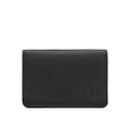 Black leather bifold wallet with subtle logo detail, isolated on clean white background product shot