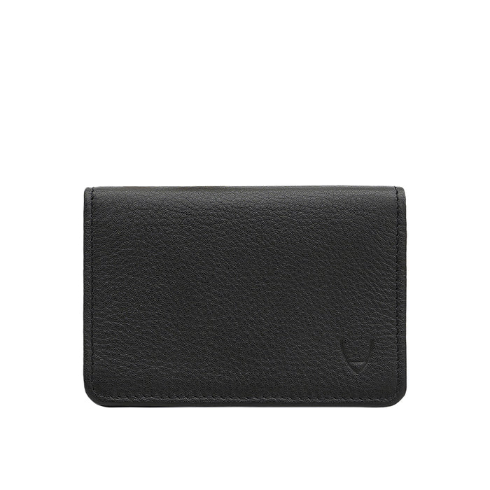 Black leather bifold wallet with subtle logo detail, isolated on clean white background product shot