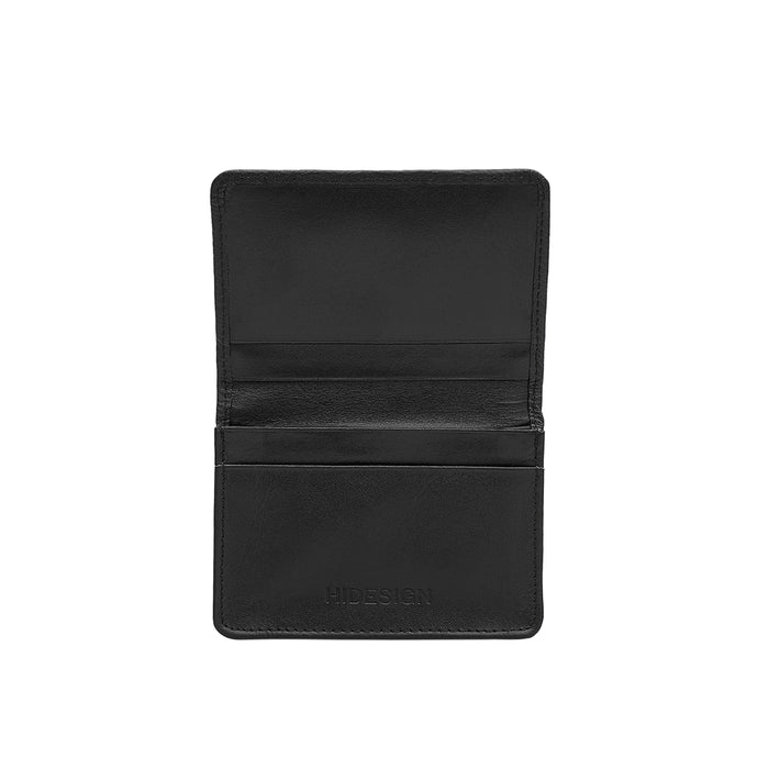 Open black leather bifold wallet showing interior card slots and compartments, on white background.