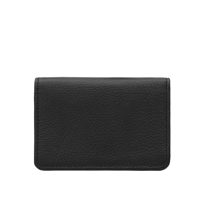 Closed black leather bifold wallet with smooth finish, isolated on white background product image.