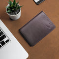Brown leather bifold wallet placed on desk beside laptop, smartphone and small plant flat lay setup.