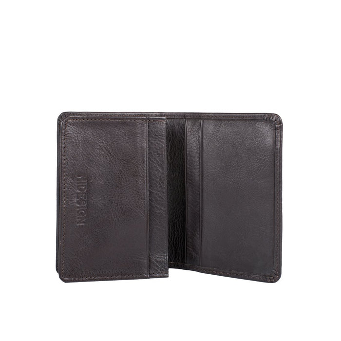 Open black leather bifold wallet, showing interior card slots & compartments, on a white background.