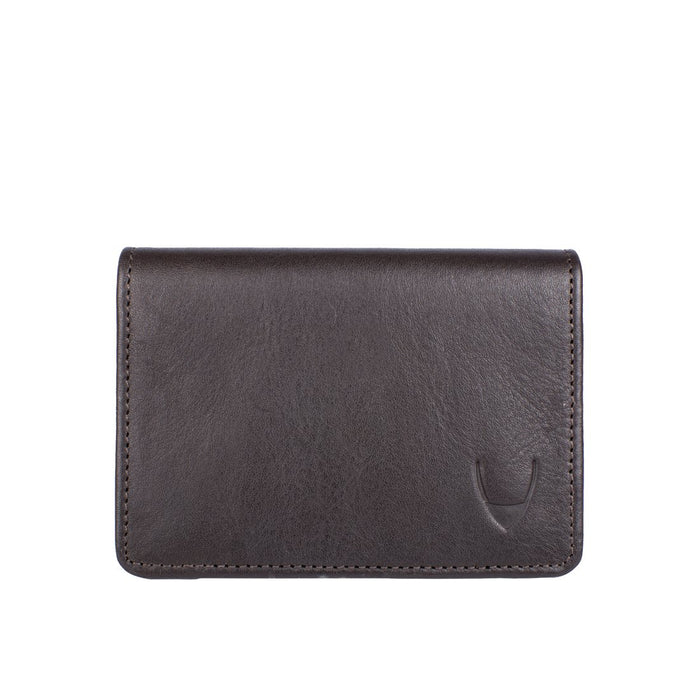 Closed black leather bifold wallet with smooth finish and subtle logo detail, on a white background.