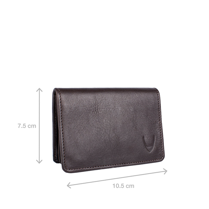 Black leather bifold wallet measuring 10.5 x 7.5 cm, with a slim fold design on a white background.