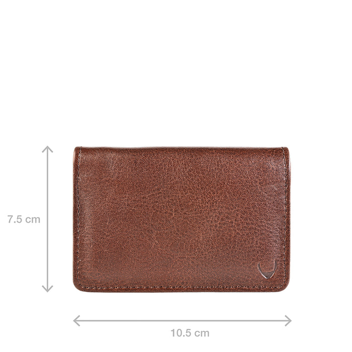 Brown Hidesign leather card holder with 10.5 x 7.5 cm size marking, textured surface & corner logo.