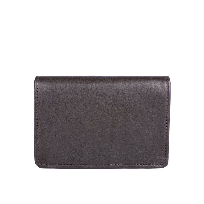 A brown leather card holder with a smooth finish and finest stitching detail, on a white background.