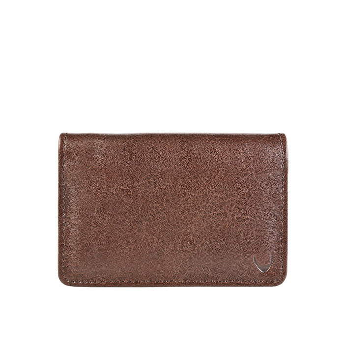 Brown textured leather card holder with subtle corner logo, neat stitching & compact front design.