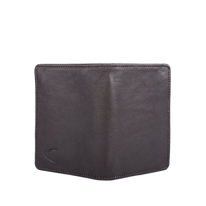 Brown leather bifold wallet by Hidesign on a white background with a smooth grain finish and a logo.