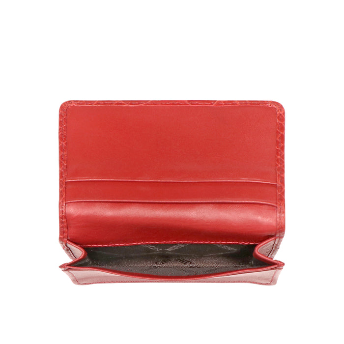 Open red card holder showing card slots and an inner pocket compartment with leather-lined interior.