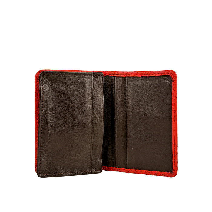 Open red card holder showing contrast dark leather interior, two vertical pockets & compact layout.