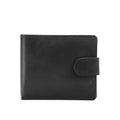 Black leather bifold wallet from Hidesign with a snap clasp, a minimalist design & a premium finish.