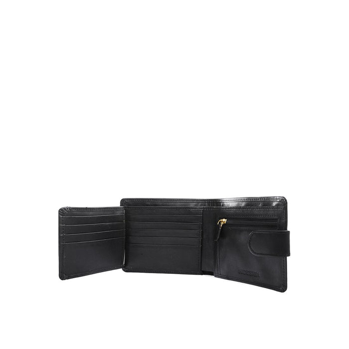 Open black Hidesign leather wallet showing card slots, zip pocket and a snap closure design detail.