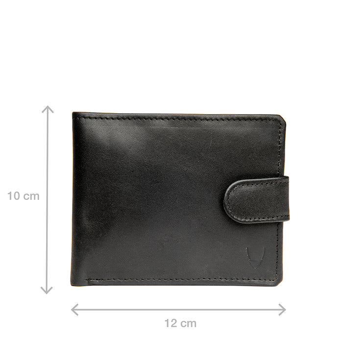 Black leather bi-fold wallet with snap closure, in front view, measuring 12 cm wide and 10 cm tall.
