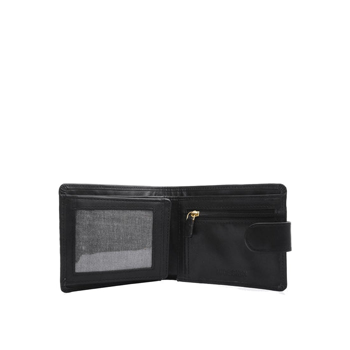 Open black leather wallet showing card slots, a transparent ID window & zip pocket with a snap flap.