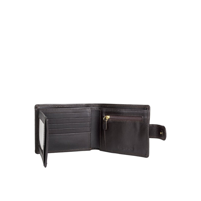 Open brown leather Hidesign wallet showing card slots, ID window, coin pocket & snap strap details.