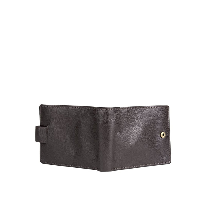 Back view of brown leather Hidesign wallet with snap strap, clean stitching and smooth finish tone.