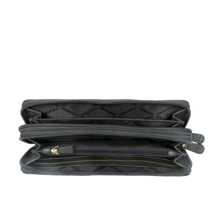Ee Taurus W2  Green Leather Double Zip Around Wallet