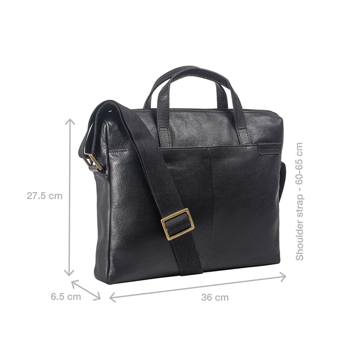Side view of Hidesign EE Uranus 01 men's black leather briefcase with size dimensions shown in cm.