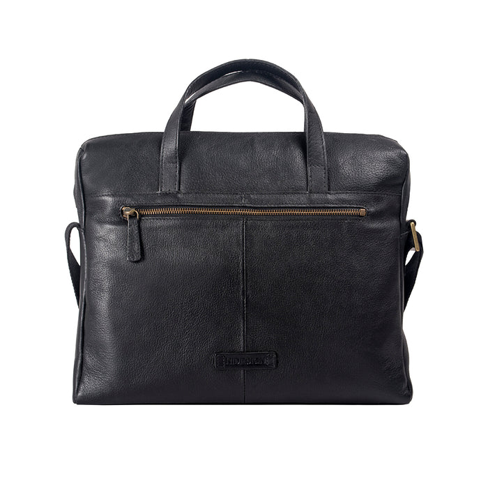 Back view of Hidesign EE Uranus 01 men's black leather briefcase featuring golden zip pocket detail.