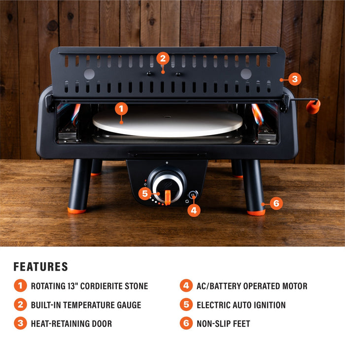 The oven features rotating 13" cordierite stone, built-in temperature gauge, heat-retaining door, AC/battery operated motor, electric auto ignition, and non-slip feet.