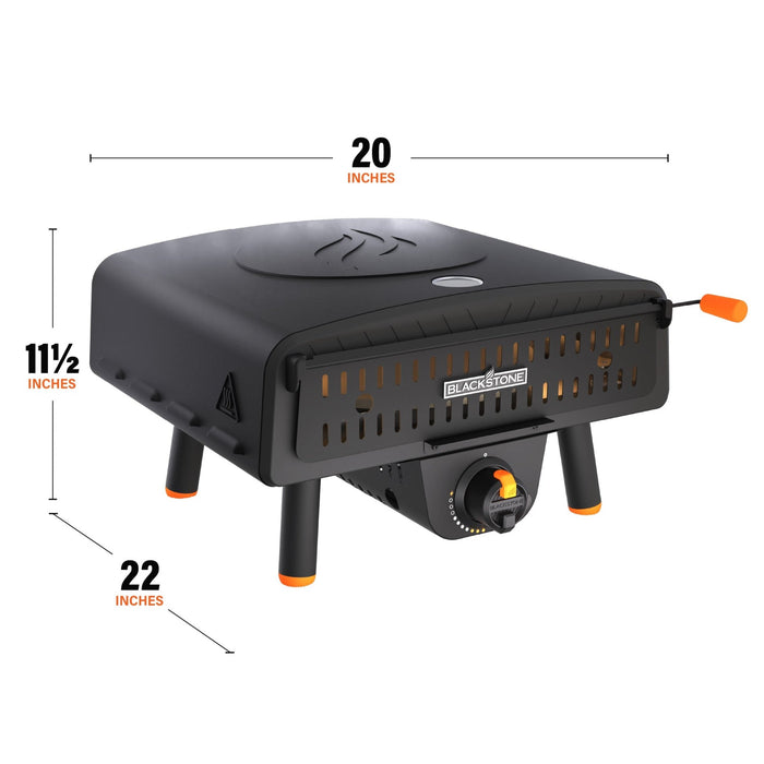 The pizza oven measures 20 inches by 11 1/2 inches by 22 inches.