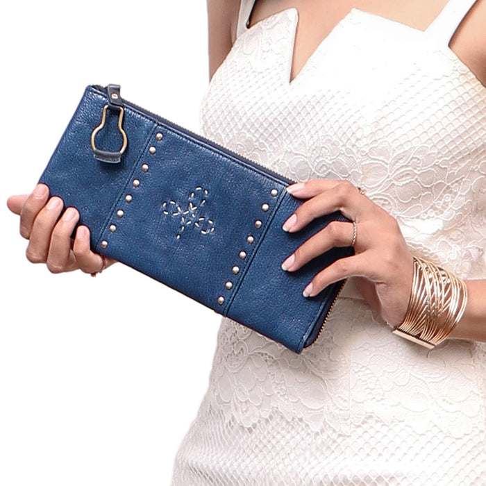 Wild Rose W3 Blue Leather Zip Around Wallet